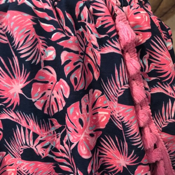 Sz M Simply Southern Turtle PomPom Tassels Lined Navy Blue & Pink Palms Shorts - Picture 4 of 11